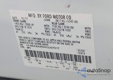 2017 Ford Police Interceptor из США, поврежденный, VIN 1FM5K8AR0HGD07517